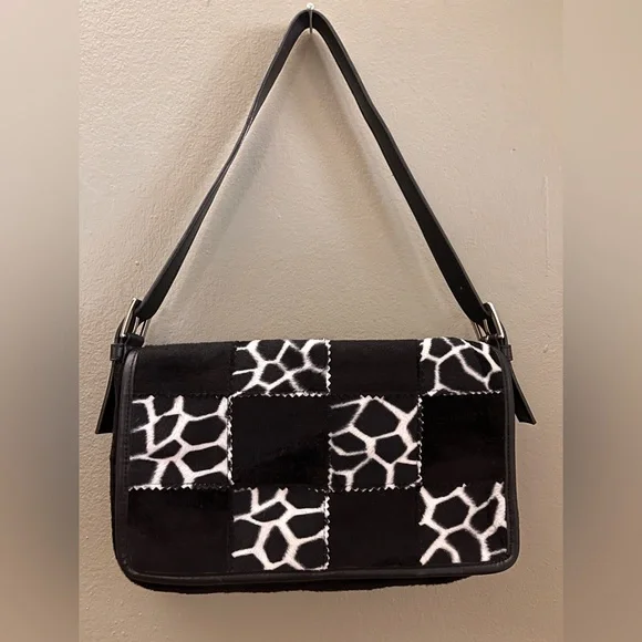 Vintage ESPRIT Cow Print Patchwork Look Shoulder Bag Y2K Purse Black White VTG - Picture 5 of 12